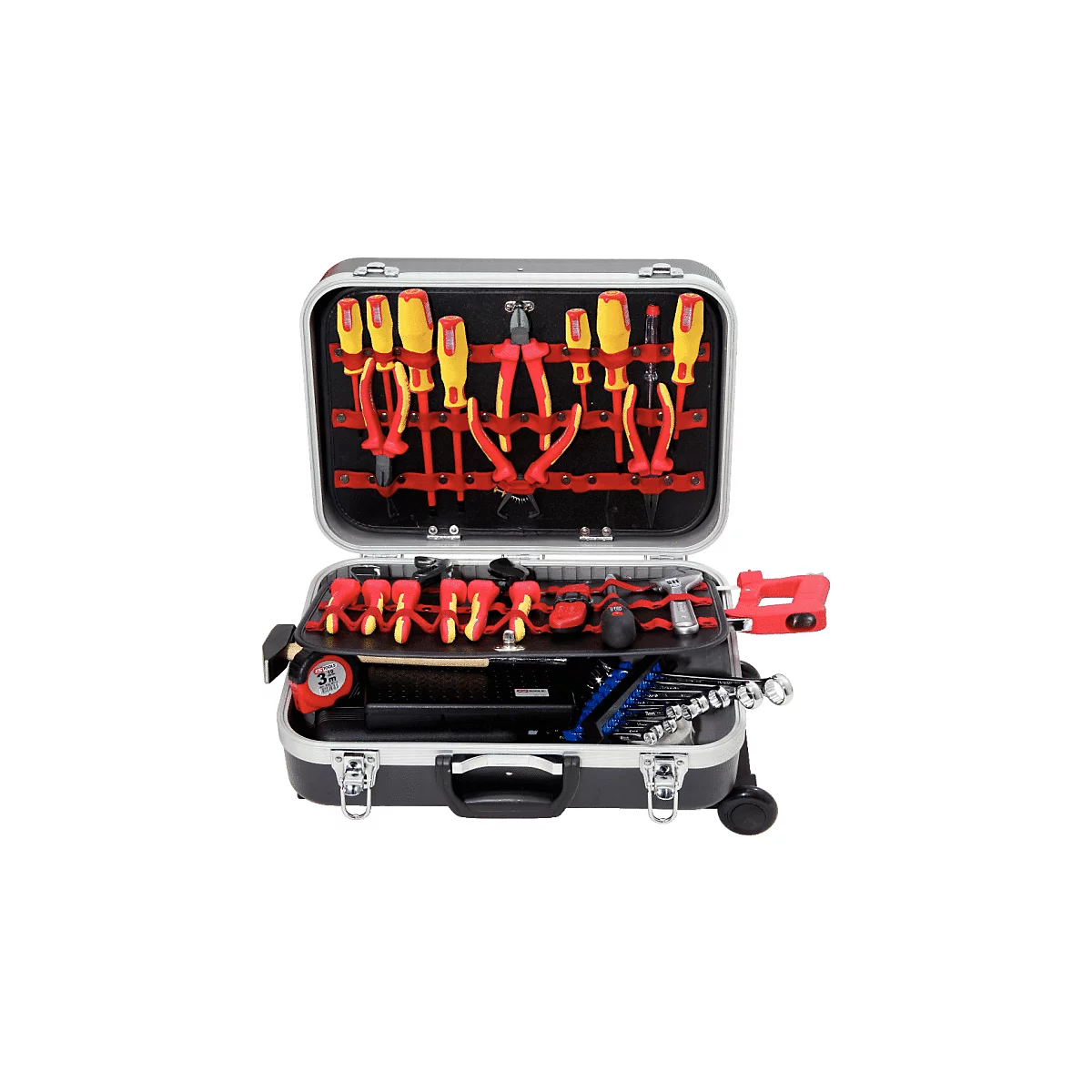 Werkzeugkoffer mit offenem Deckel, bestückt mit verschiedenen Werkzeugen: Schraubenzieher, Zangen, Schraubenschlüssel etc.